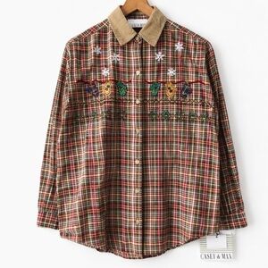 Casey & Max 90s Plaid Button Down Shirt Corduroy Collar Christmas Embroidered M